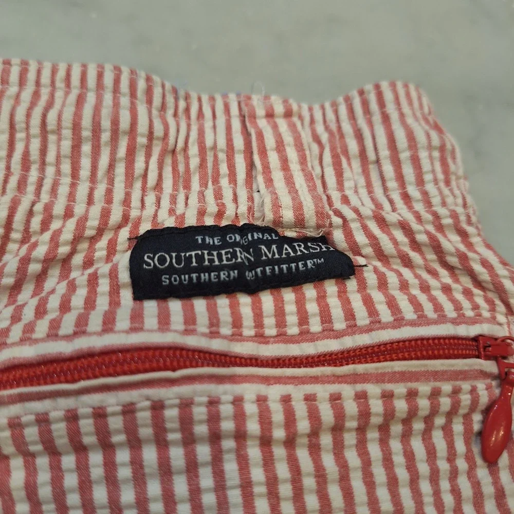 Southern Marsh Swim Trunks Youth Small Red Seersucker Stripe Board Shorts Preppy